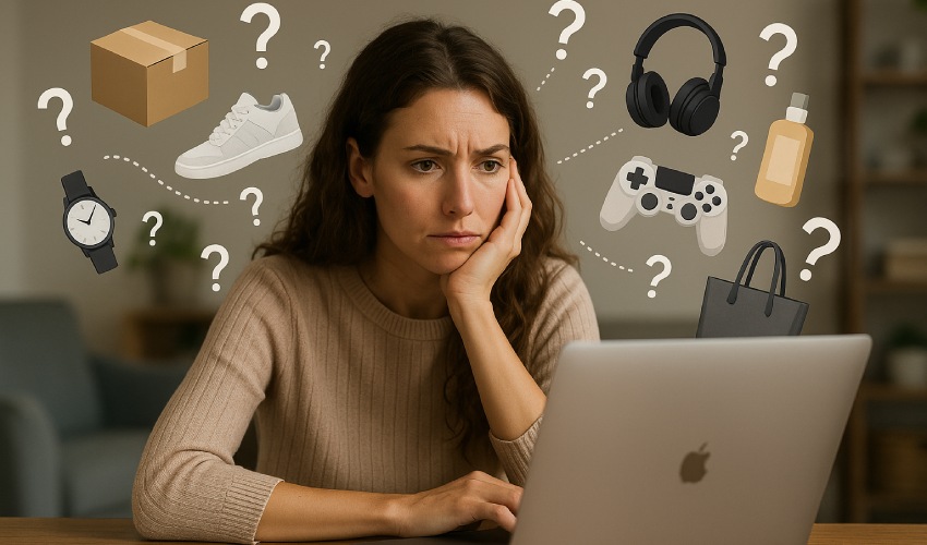 Een vrouw zit peinzend achter een open laptop, haar hand rustend op haar wang. Rondom haar zweven diverse winkelproducten zoals een doos, schoen, horloge, koptelefoon, gamecontroller, fles en tas, allemaal omgeven door vraagtekens