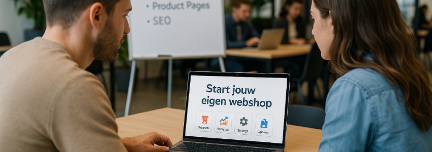 een man en een vrouw in een klaslokaal kijken naar een laptop waarop uitleg wordt gegeven over hoe je een eigen webshop begint