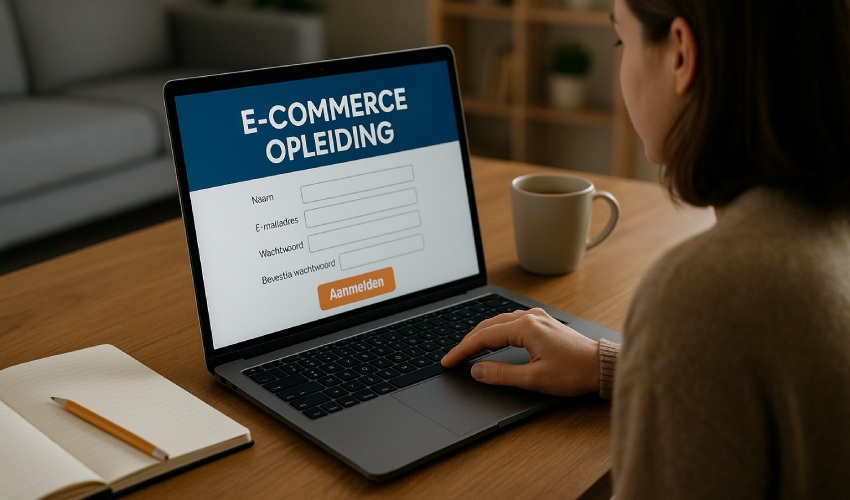 vrouw zit aan tafel achter een laptop en schrijft zich in voor een e-commerce opleiding