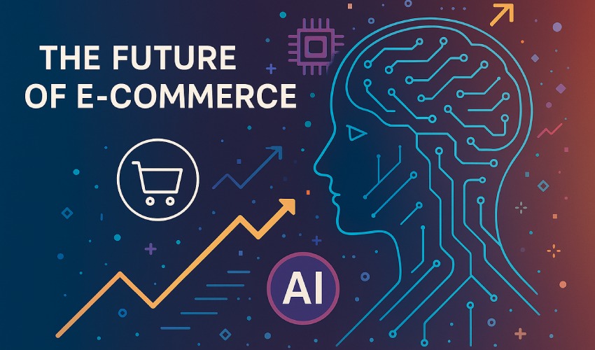abstracte visualisering die de samenhang van e-commerce en ai uitbeeld 