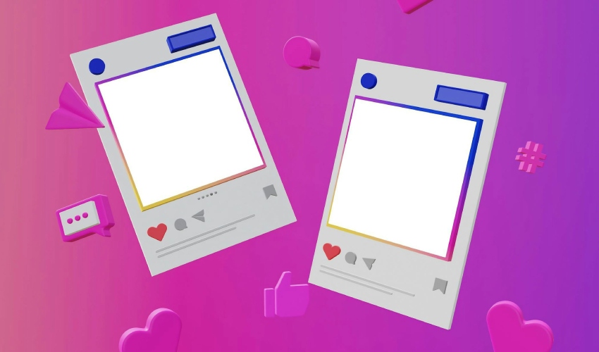 Twee zwevende Instagram-posts met interactie-iconen (hart, duim, chat, vliegtuig, hashtag) tegen een roze-paarse achtergrond