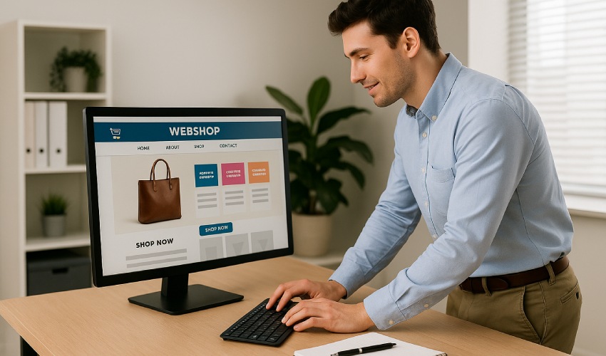 marketeer achter zijn bureau werkt aan een webshop