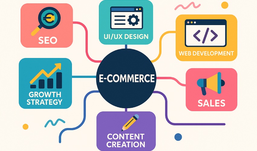 schematische weergave van diverse werkzaamheden die allemaal onder e-commerce vallen